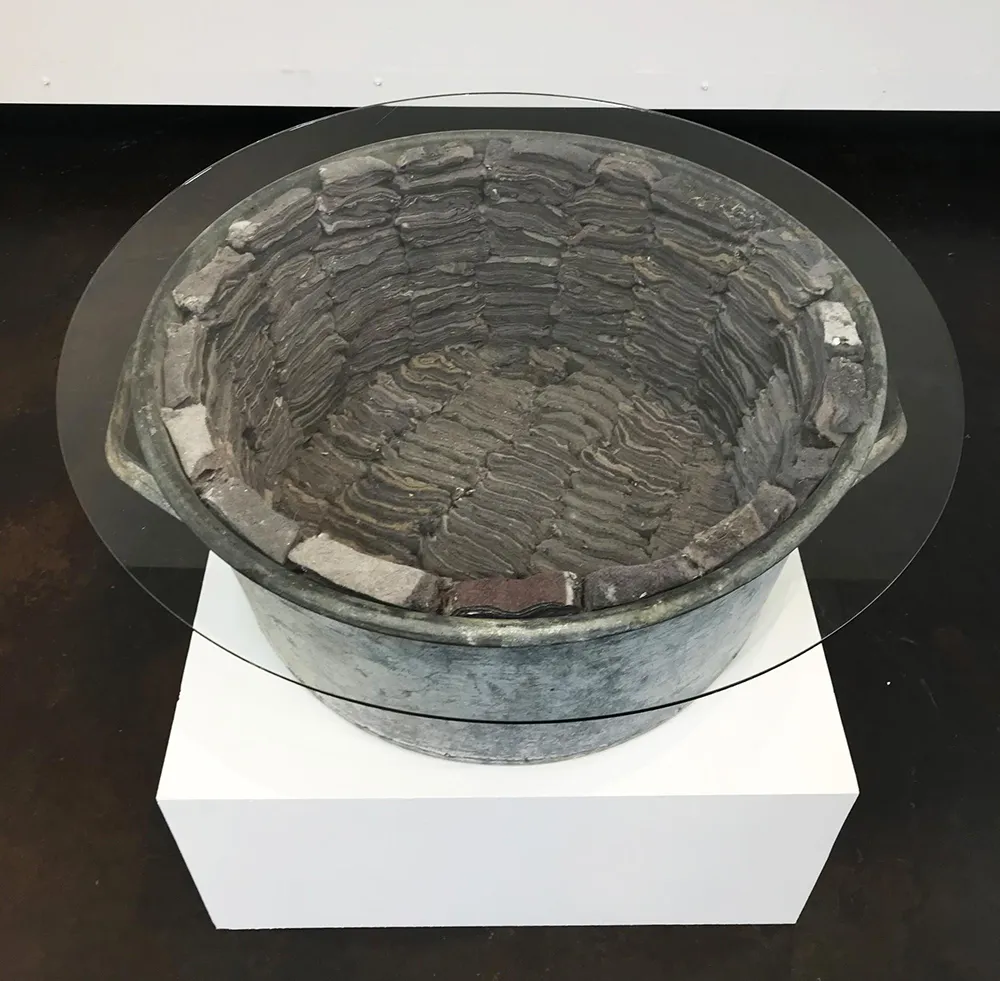 Robin Hill, Lint-lined Washtub (for Meret Oppenheim & Mierle Laderman Ukeles), 2020, galvanized washtub, dryer lint, glass, 25 x 25 x 18 inches