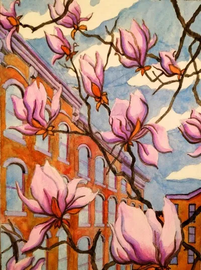 Magnolias from the Winter Trees series. Watercolour and gouache.