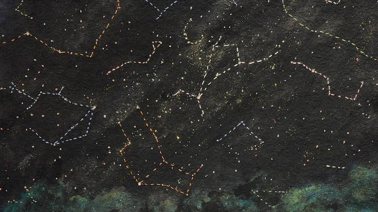 “Constellations,” from the Road Trip series. 18 in. x 24 in. Gouache, St. Armand paper, embroidery