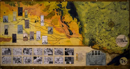 A handmade map that diagrams isolated wooden grain elevators in Saskatchewan.